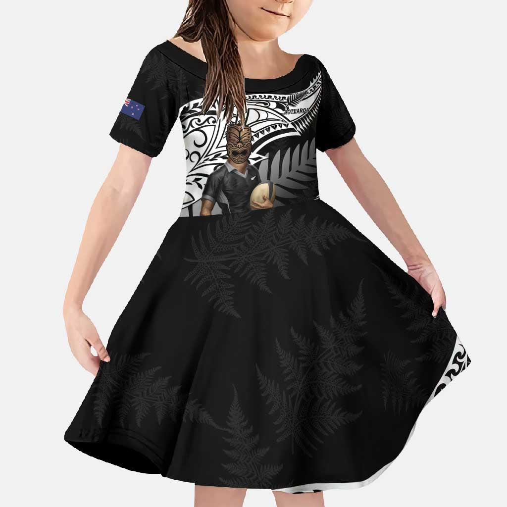Custom New Zealand Silver Fern Rugby Family Matching Summer Maxi Dress and Hawaiian Shirt 2024 Aotearoa Maori Mascot Go All Black LT14 Daughter's Dress Black - Polynesian Pride