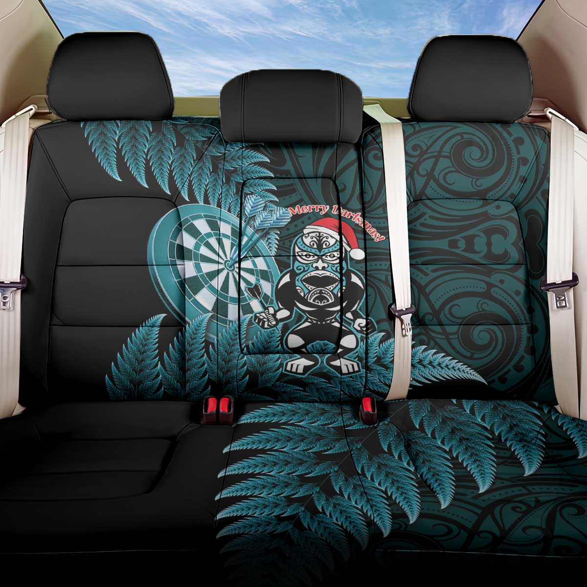 New Zealand Darts Christmas Back Car Seat Cover Maori Fern Merry Dartsmas - Polynesian Pride