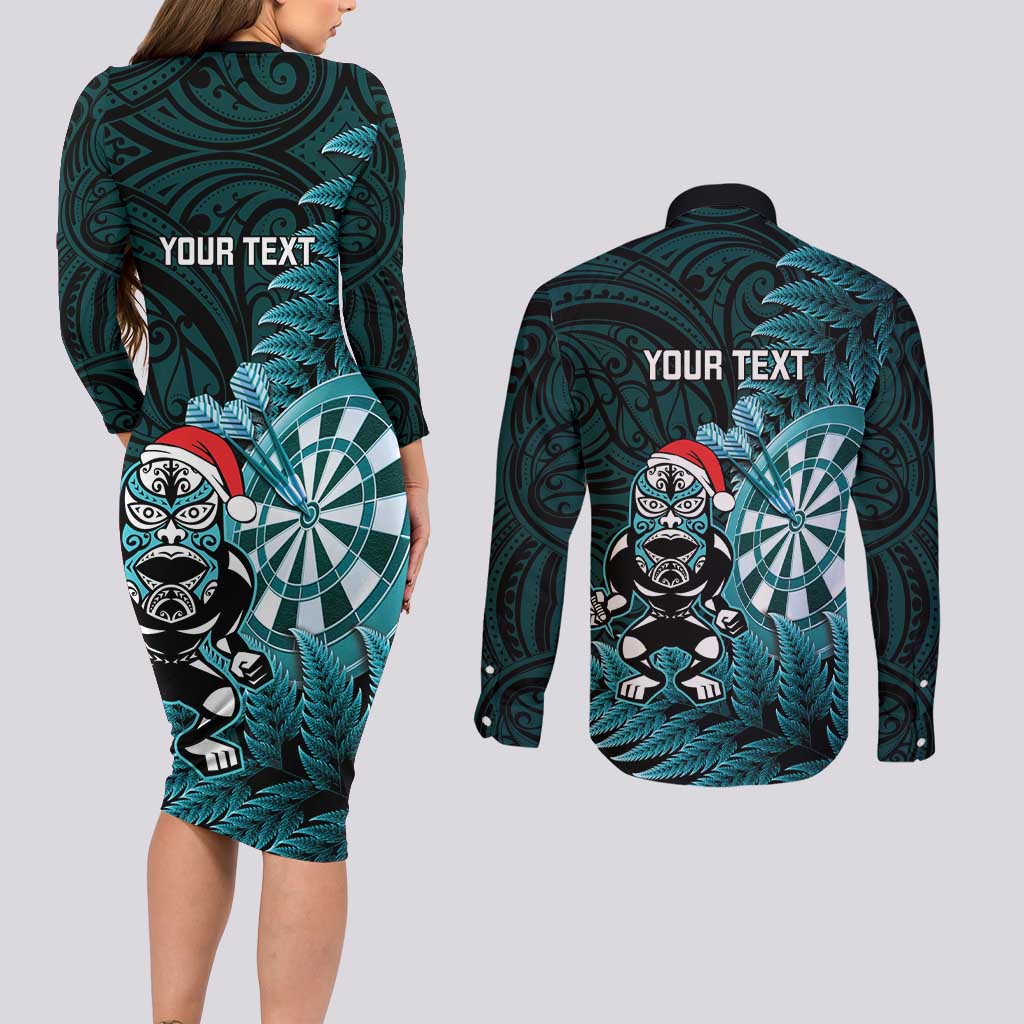 Personalised New Zealand Darts Christmas Couples Matching Long Sleeve Bodycon Dress and Long Sleeve Button Shirt Maori Fern Merry Dartsmas - Polynesian Pride