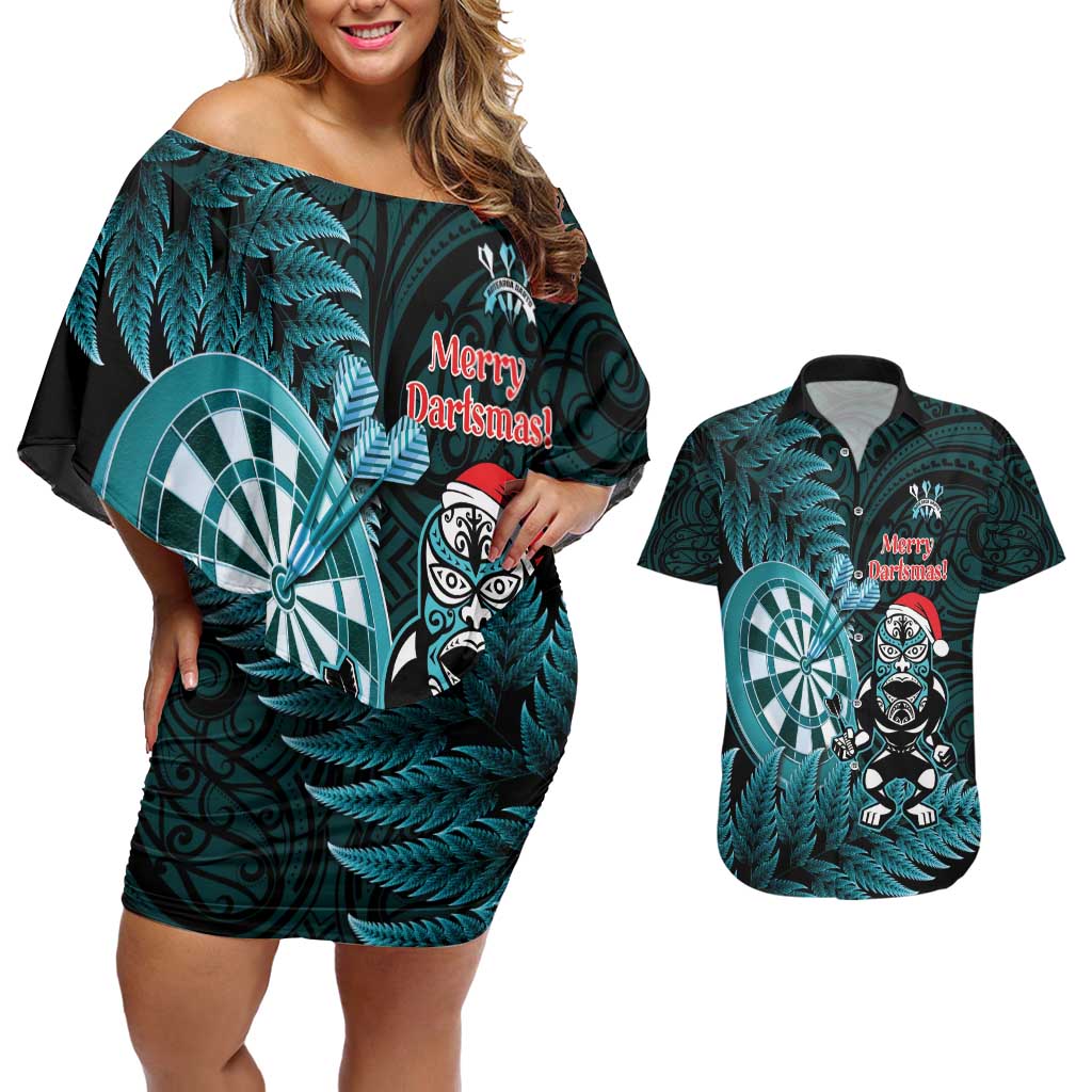 Personalised New Zealand Darts Christmas Couples Matching Off Shoulder Short Dress and Hawaiian Shirt Maori Fern Merry Dartsmas - Polynesian Pride