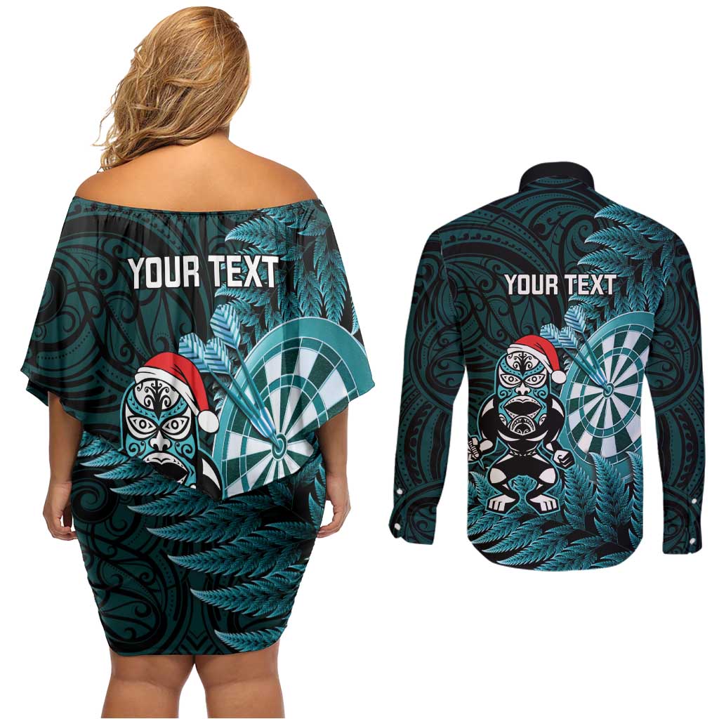 Personalised New Zealand Darts Christmas Couples Matching Off Shoulder Short Dress and Long Sleeve Button Shirt Maori Fern Merry Dartsmas - Polynesian Pride