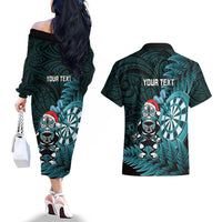 Personalised New Zealand Darts Christmas Couples Matching Off The Shoulder Long Sleeve Dress and Hawaiian Shirt Maori Fern Merry Dartsmas - Polynesian Pride