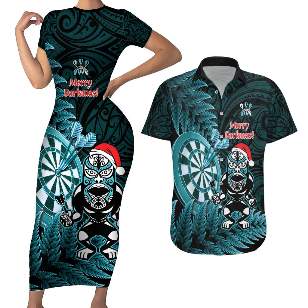 Personalised New Zealand Darts Christmas Couples Matching Short Sleeve Bodycon Dress and Hawaiian Shirt Maori Fern Merry Dartsmas - Polynesian Pride