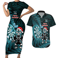 Personalised New Zealand Darts Christmas Couples Matching Short Sleeve Bodycon Dress and Hawaiian Shirt Maori Fern Merry Dartsmas - Polynesian Pride