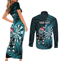 Personalised New Zealand Darts Christmas Couples Matching Short Sleeve Bodycon Dress and Long Sleeve Button Shirt Maori Fern Merry Dartsmas - Polynesian Pride