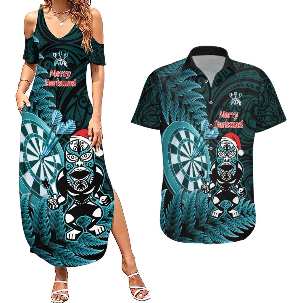 Personalised New Zealand Darts Christmas Couples Matching Summer Maxi Dress and Hawaiian Shirt Maori Fern Merry Dartsmas - Polynesian Pride