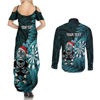 Personalised New Zealand Darts Christmas Couples Matching Summer Maxi Dress and Long Sleeve Button Shirt Maori Fern Merry Dartsmas - Polynesian Pride