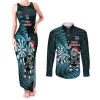 Personalised New Zealand Darts Christmas Couples Matching Tank Maxi Dress and Long Sleeve Button Shirt Maori Fern Merry Dartsmas - Polynesian Pride