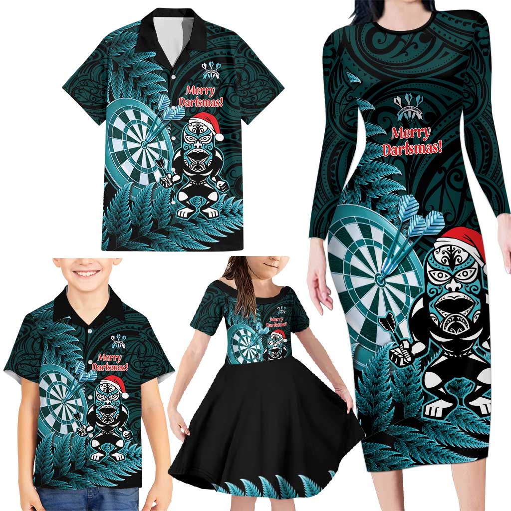 Personalised New Zealand Darts Christmas Family Matching Long Sleeve Bodycon Dress and Hawaiian Shirt Maori Fern Merry Dartsmas - Polynesian Pride