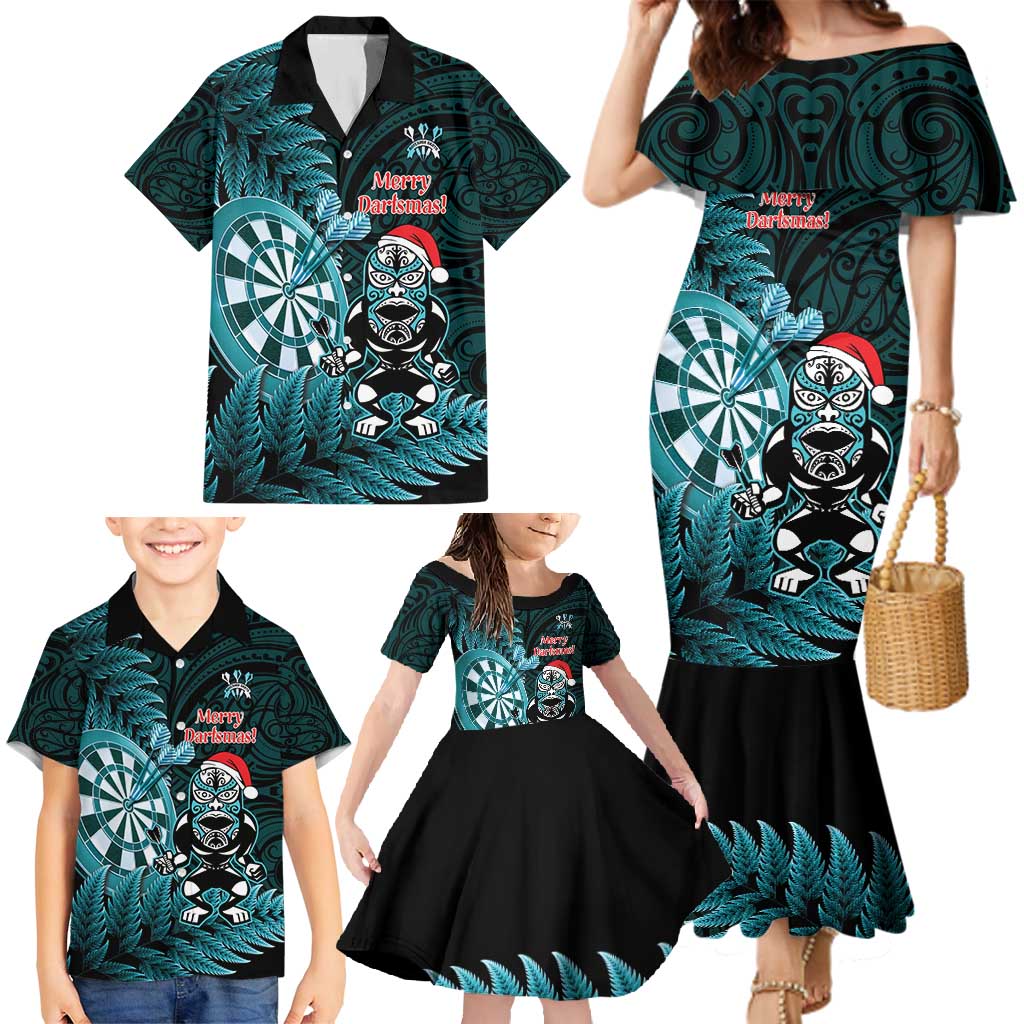 Personalised New Zealand Darts Christmas Family Matching Mermaid Dress and Hawaiian Shirt Maori Fern Merry Dartsmas - Polynesian Pride