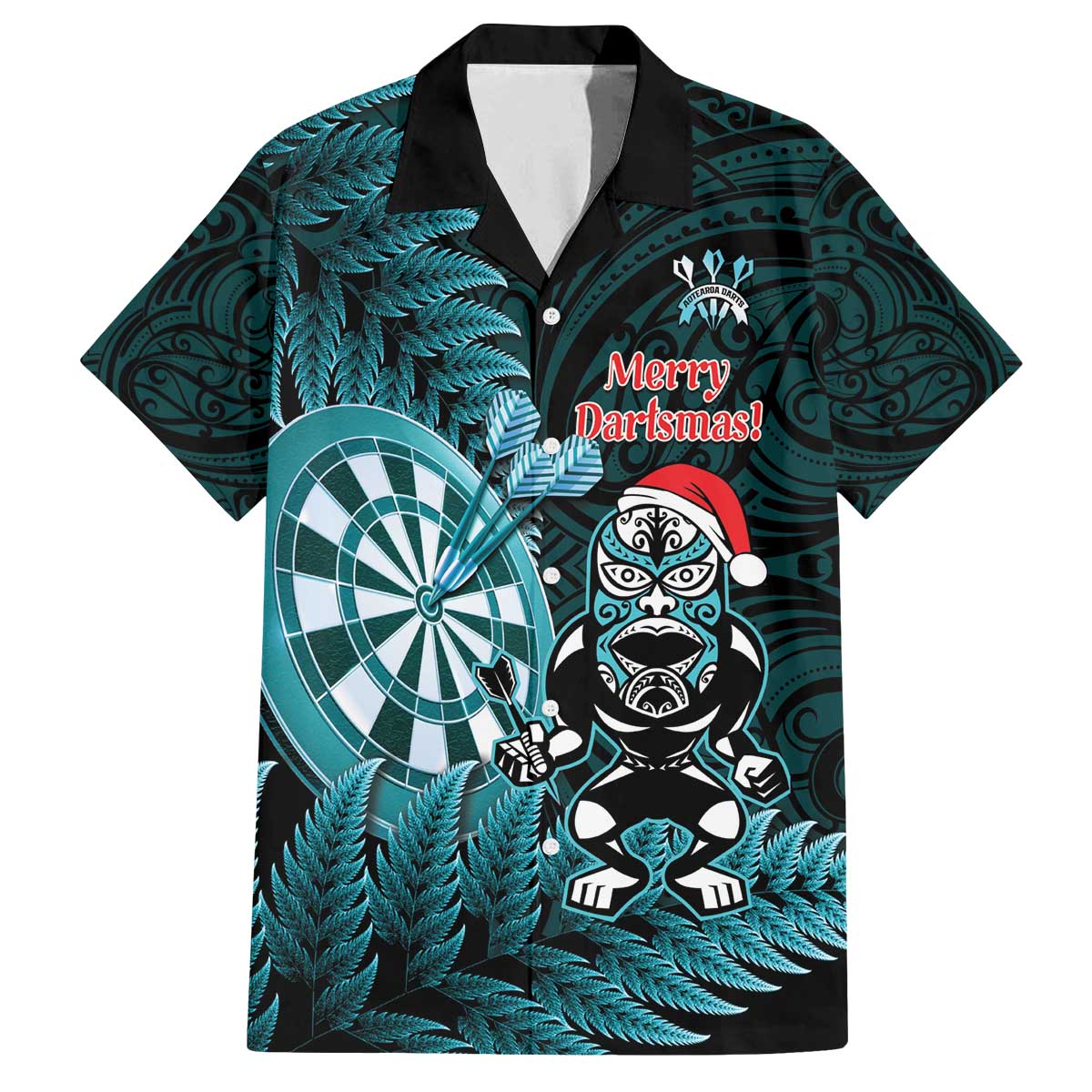 Personalised New Zealand Darts Christmas Family Matching Off The Shoulder Long Sleeve Dress and Hawaiian Shirt Maori Fern Merry Dartsmas - Polynesian Pride