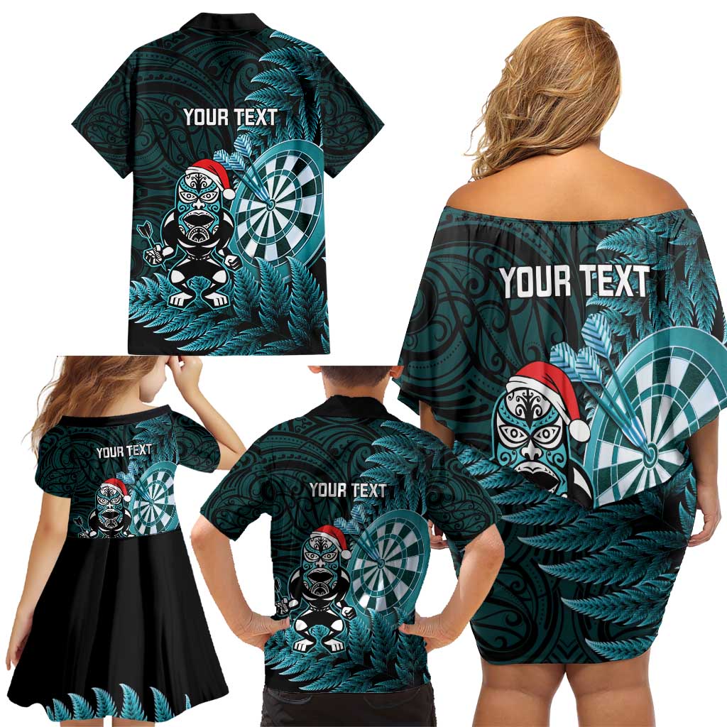 Personalised New Zealand Darts Christmas Family Matching Off Shoulder Short Dress and Hawaiian Shirt Maori Fern Merry Dartsmas - Polynesian Pride