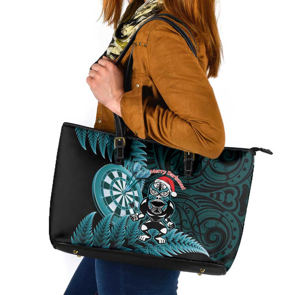 New Zealand Darts Christmas Leather Tote Bag Maori Fern Merry Dartsmas - Polynesian Pride
