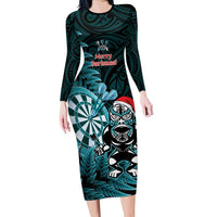 Personalised New Zealand Darts Christmas Long Sleeve Bodycon Dress Maori Fern Merry Dartsmas - Polynesian Pride