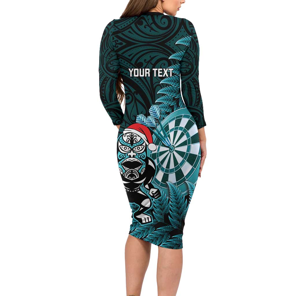 Personalised New Zealand Darts Christmas Long Sleeve Bodycon Dress Maori Fern Merry Dartsmas - Polynesian Pride