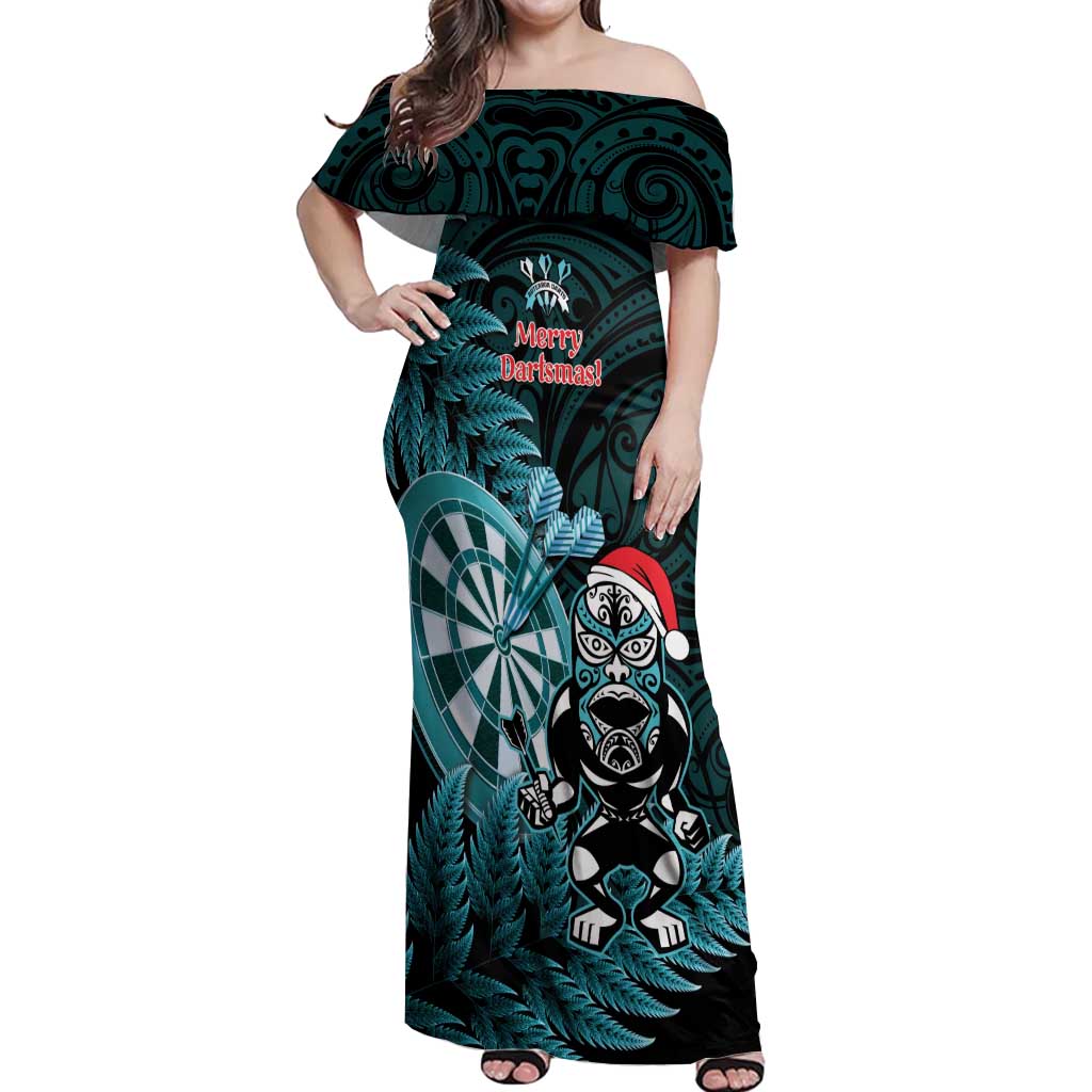 Personalised New Zealand Darts Christmas Off Shoulder Maxi Dress Maori Fern Merry Dartsmas - Polynesian Pride