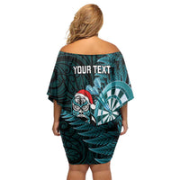 Personalised New Zealand Darts Christmas Off Shoulder Short Dress Maori Fern Merry Dartsmas - Polynesian Pride