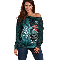 Personalised New Zealand Darts Christmas Off Shoulder Sweater Maori Fern Merry Dartsmas - Polynesian Pride