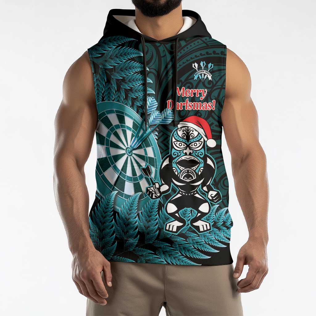 Personalised New Zealand Darts Christmas Sleeveless Hoodie Maori Fern Merry Dartsmas - Polynesian Pride