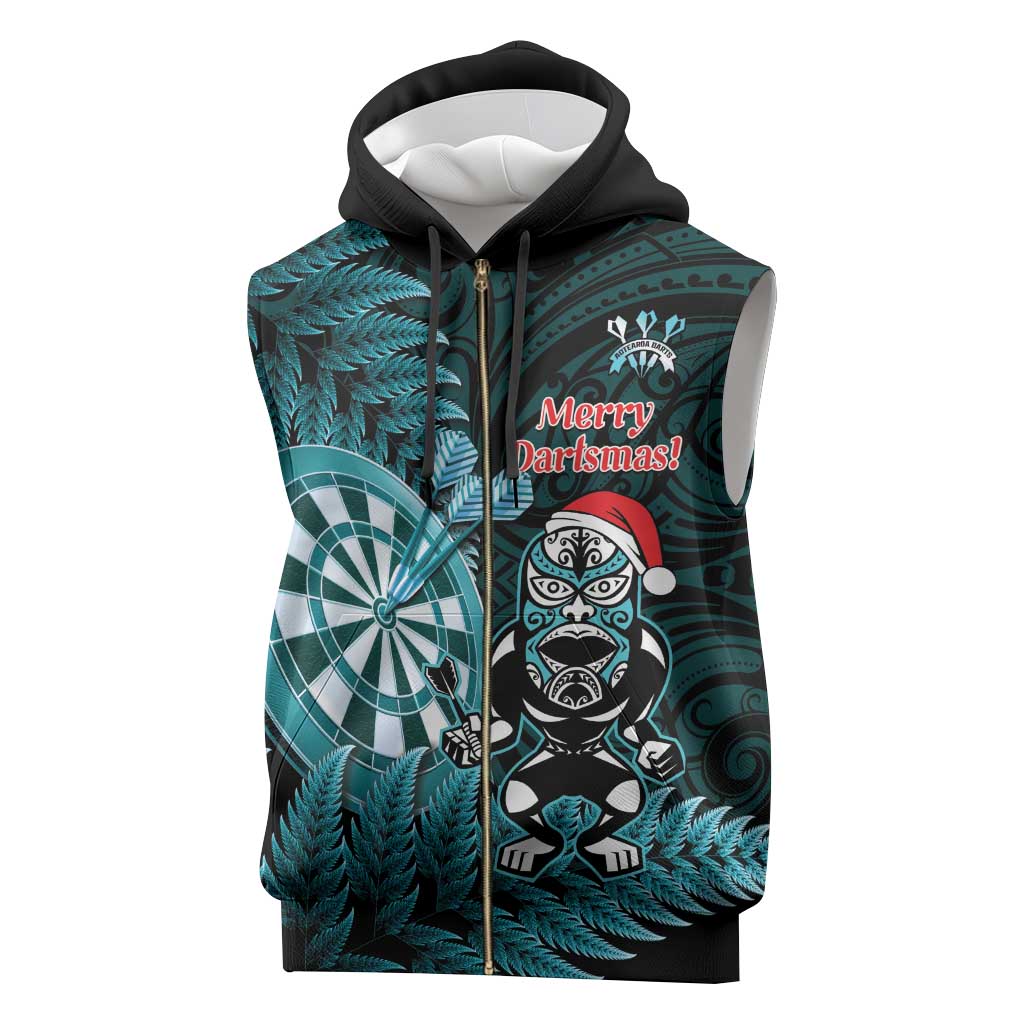 Personalised New Zealand Darts Christmas Sleeveless Zip Hoodie Maori Fern Merry Dartsmas - Polynesian Pride