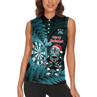 Personalised New Zealand Darts Christmas Women Sleeveless Polo Shirt Maori Fern Merry Dartsmas - Polynesian Pride