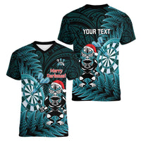 Personalised New Zealand Darts Christmas Women V-Neck T-Shirt Maori Fern Merry Dartsmas - Polynesian Pride