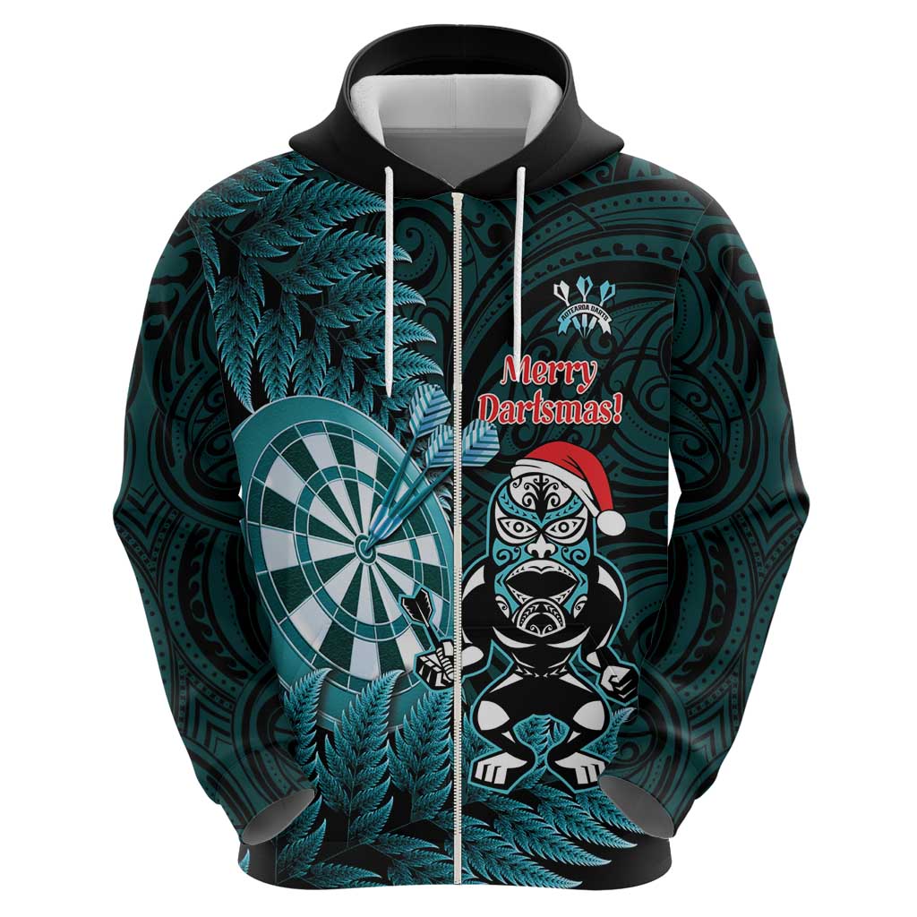 Personalised New Zealand Darts Christmas Zip Hoodie Maori Fern Merry Dartsmas - Polynesian Pride