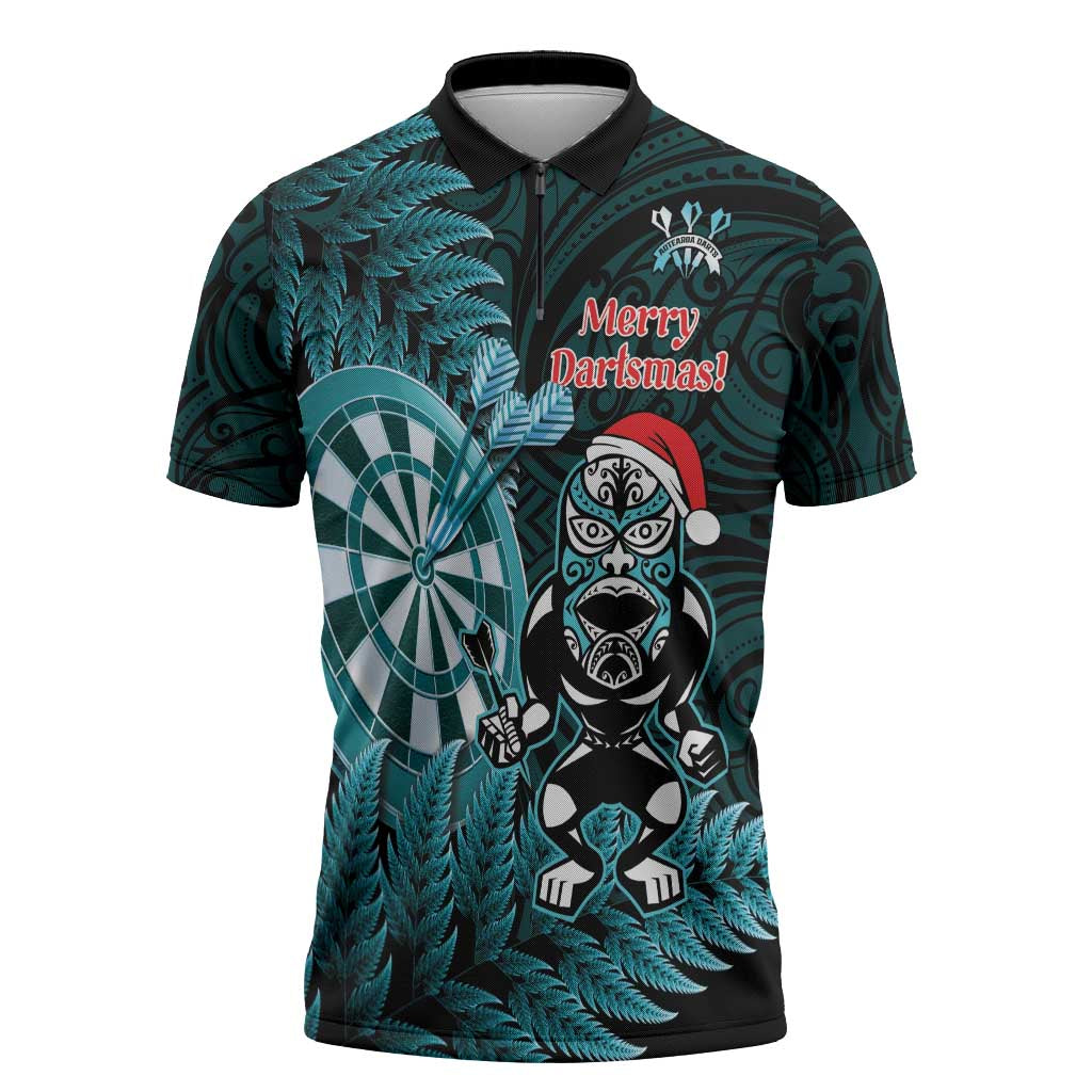 Personalised New Zealand Darts Christmas Zipper Polo Shirt Maori Fern Merry Dartsmas - Polynesian Pride