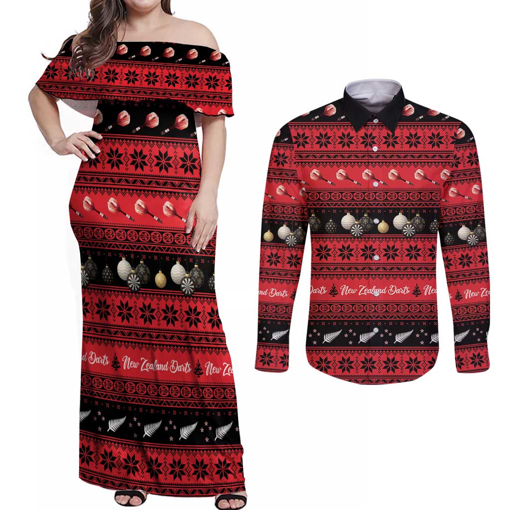 New Zealand Darts Christmas Couples Matching Off Shoulder Maxi Dress and Long Sleeve Button Shirt Merry Xmas Aotearoa Maori Red - Polynesian Pride