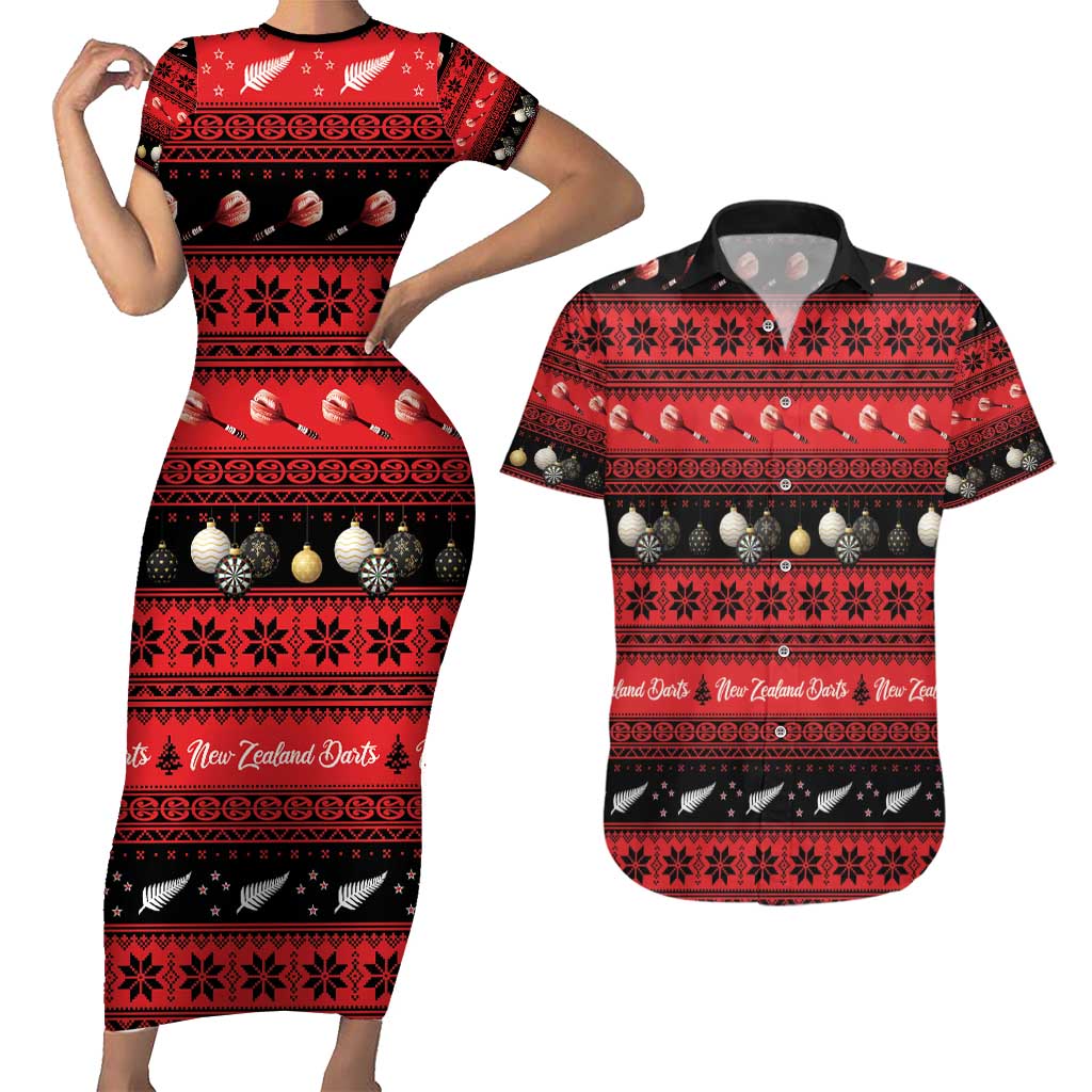 New Zealand Darts Christmas Couples Matching Short Sleeve Bodycon Dress and Hawaiian Shirt Merry Xmas Aotearoa Maori Red - Polynesian Pride