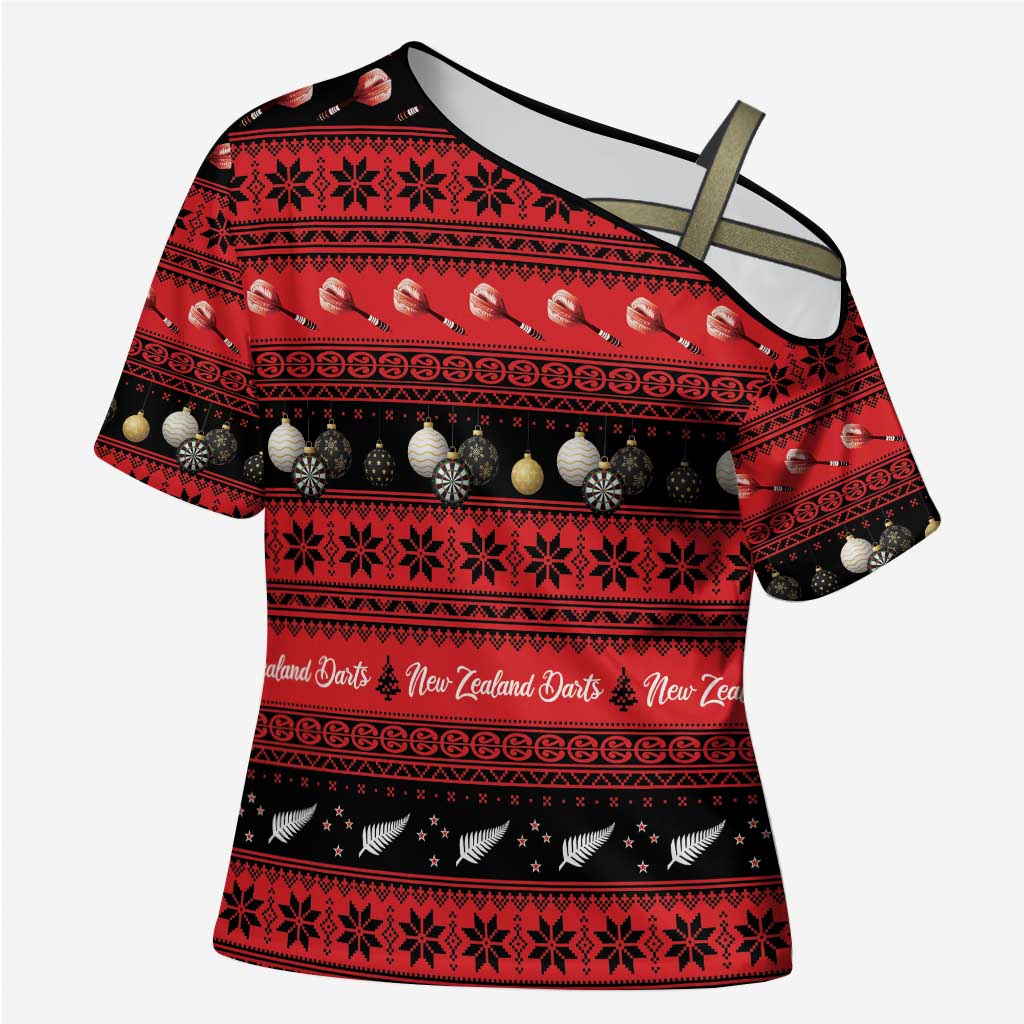 New Zealand Darts Christmas Cross Shoulder Shirt Merry Xmas Aotearoa Maori Red - Polynesian Pride
