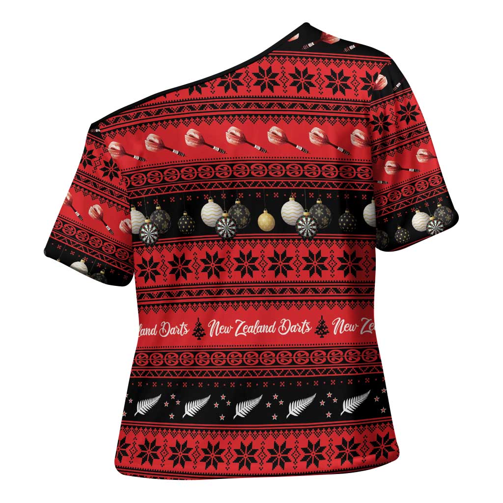 New Zealand Darts Christmas Cross Shoulder Shirt Merry Xmas Aotearoa Maori Red - Polynesian Pride