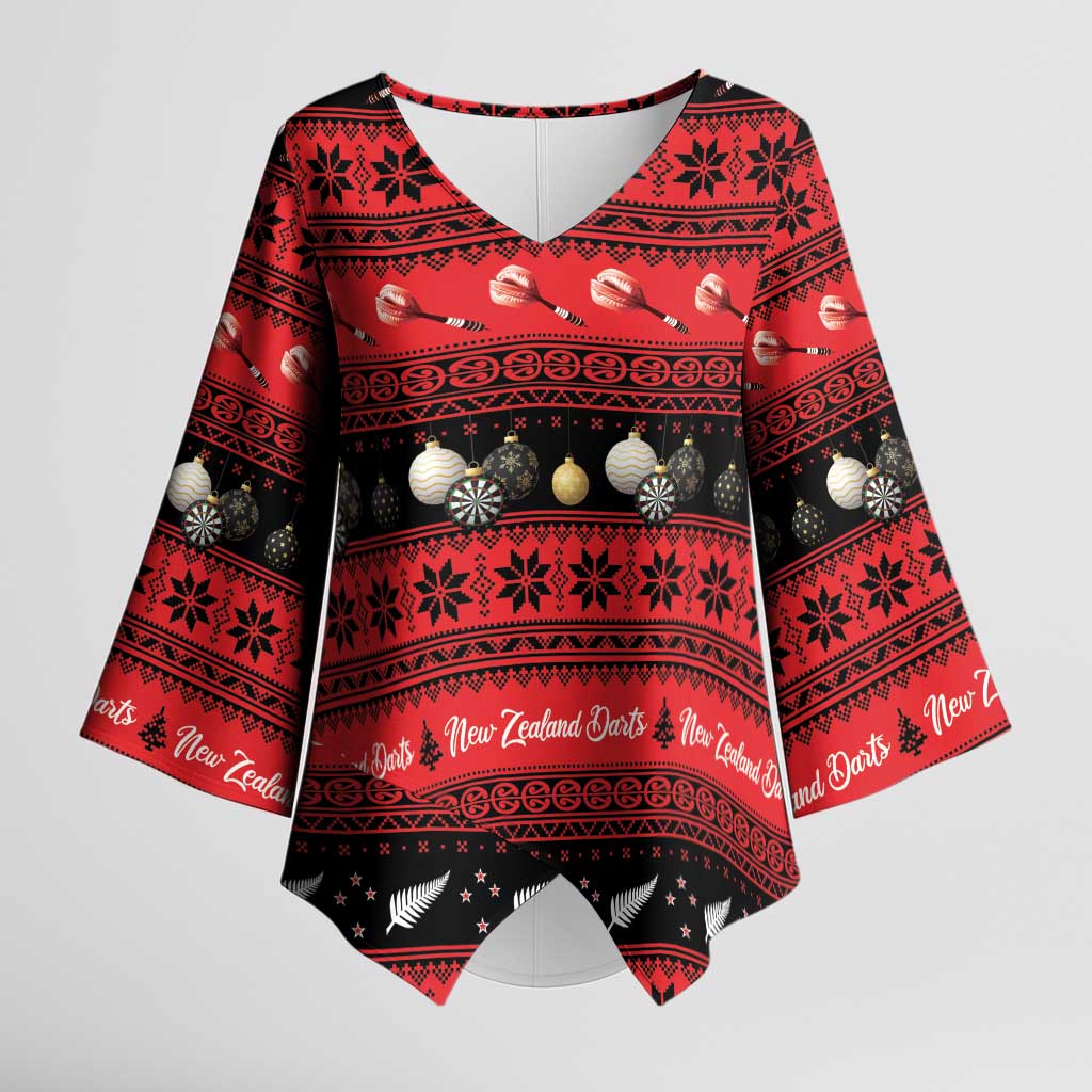 New Zealand Darts Christmas Kimono Sleeve Blouse Merry Xmas Aotearoa Maori Red - Polynesian Pride