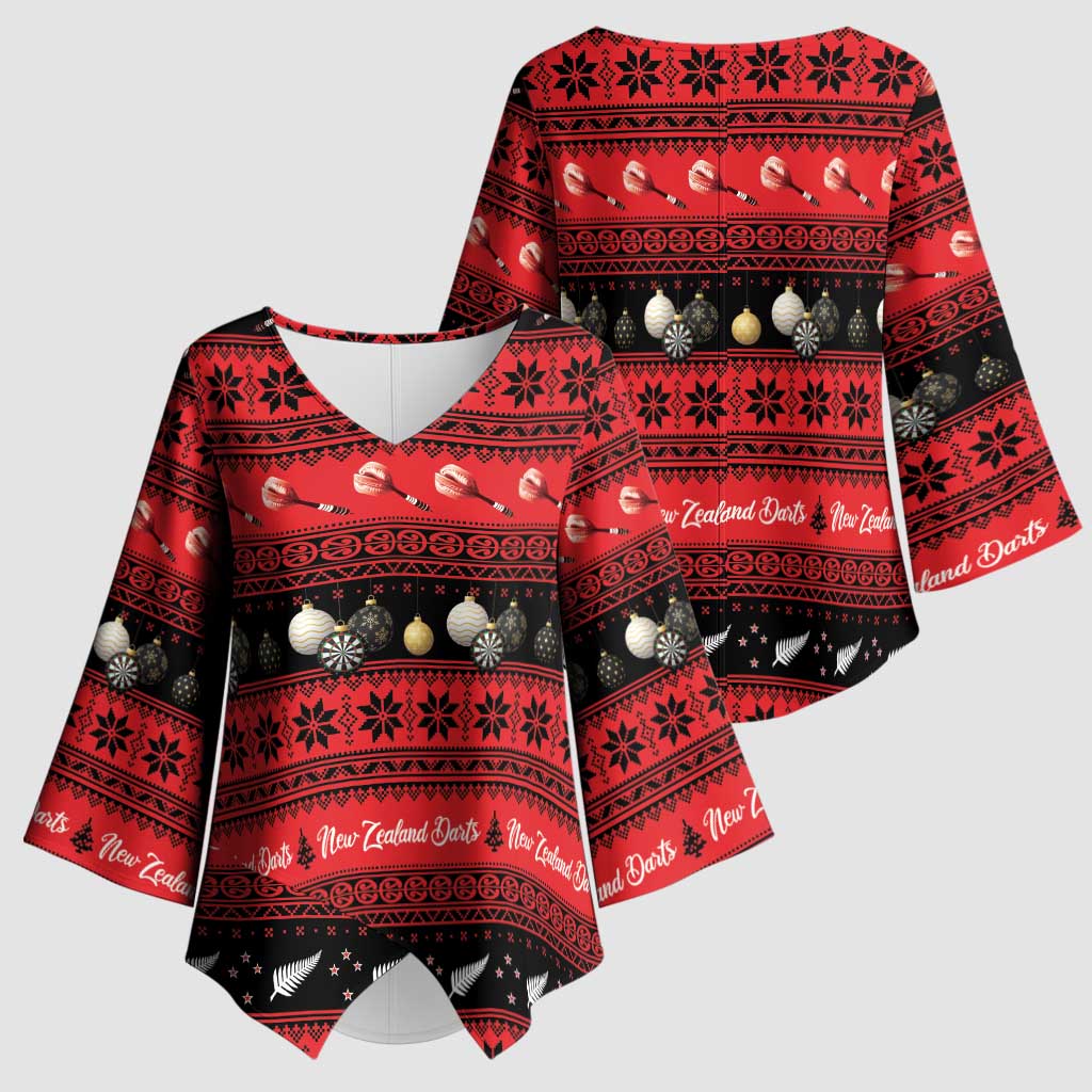 New Zealand Darts Christmas Kimono Sleeve Blouse Merry Xmas Aotearoa Maori Red - Polynesian Pride
