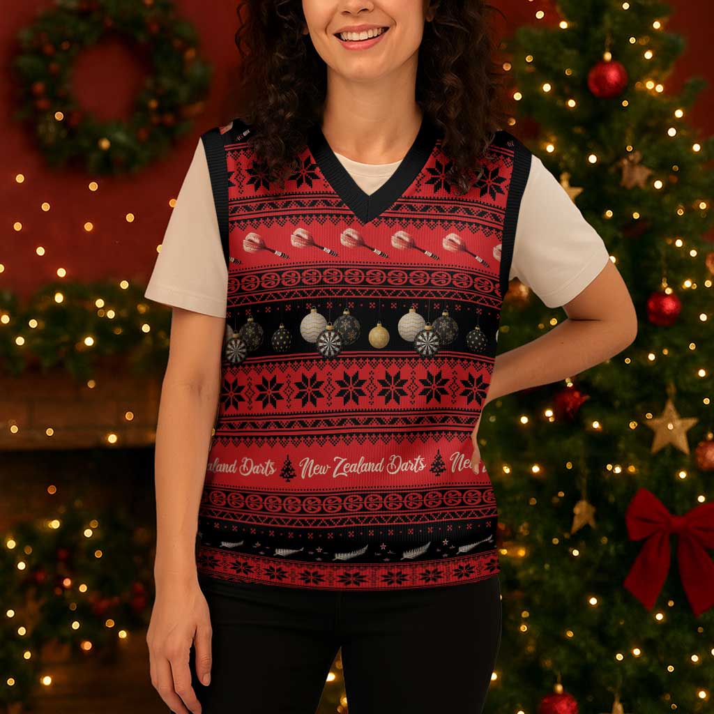 New Zealand Darts Christmas Knitted V-Neck Vest Merry Xmas Aotearoa Maori Red - Polynesian Pride