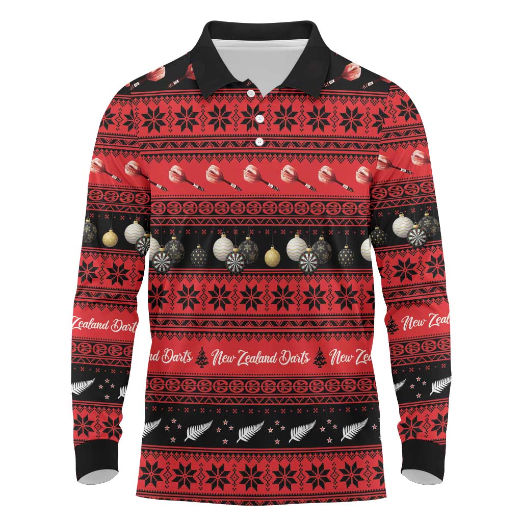 New Zealand Darts Christmas Long Sleeve Polo Shirt Merry Xmas Aotearoa Maori Red - Polynesian Pride