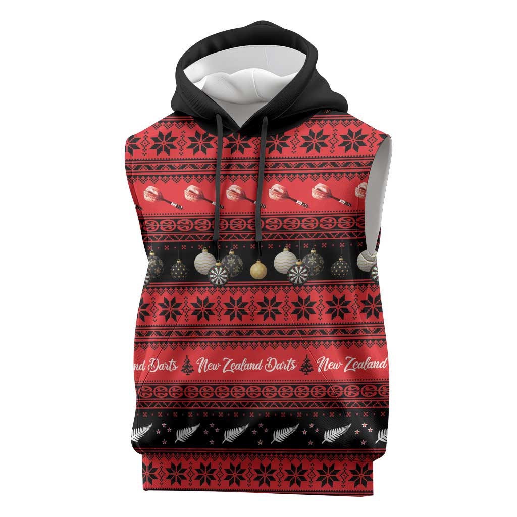 New Zealand Darts Christmas Sleeveless Hoodie Merry Xmas Aotearoa Maori Red - Polynesian Pride