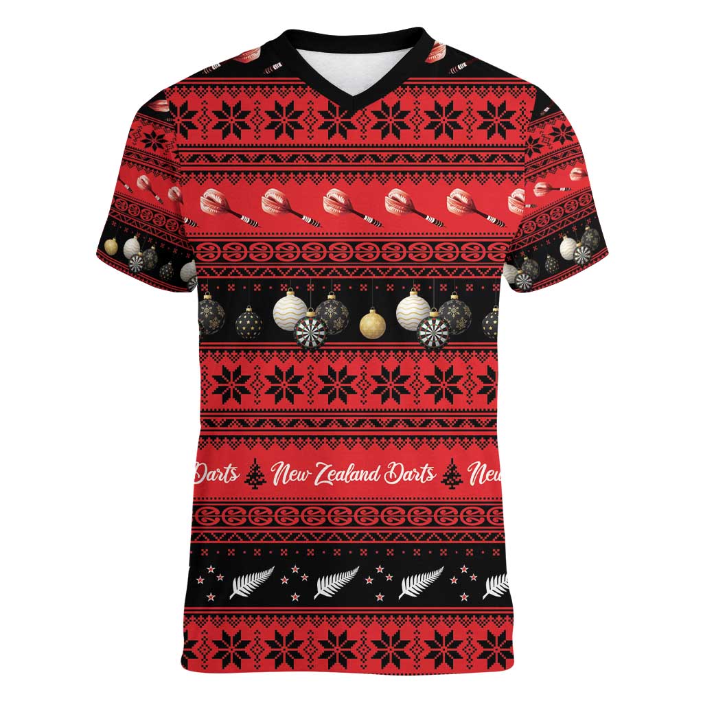 New Zealand Darts Christmas Women V-Neck T-Shirt Merry Xmas Aotearoa Maori Red - Polynesian Pride