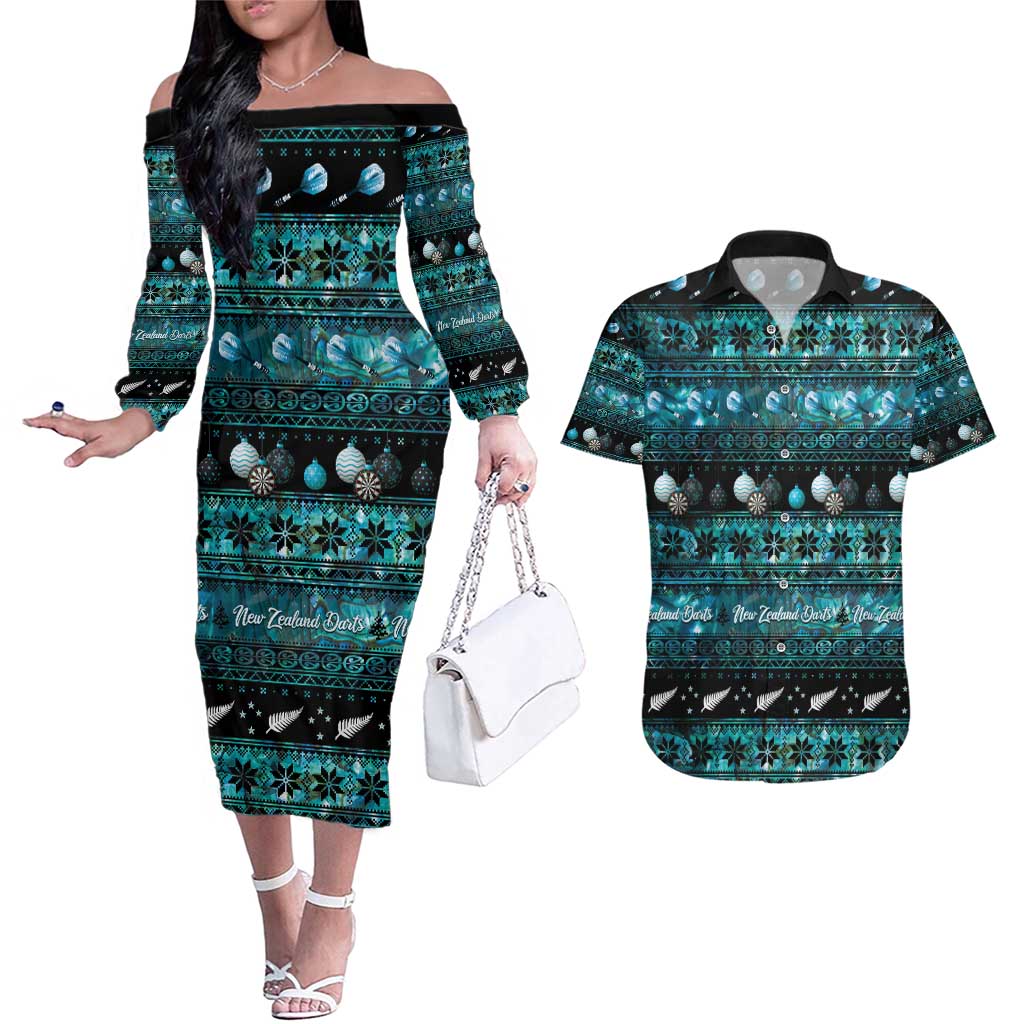 New Zealand Darts Christmas Couples Matching Off The Shoulder Long Sleeve Dress and Hawaiian Shirt Merry Xmas Aotearoa Maori Paua Shell - Polynesian Pride