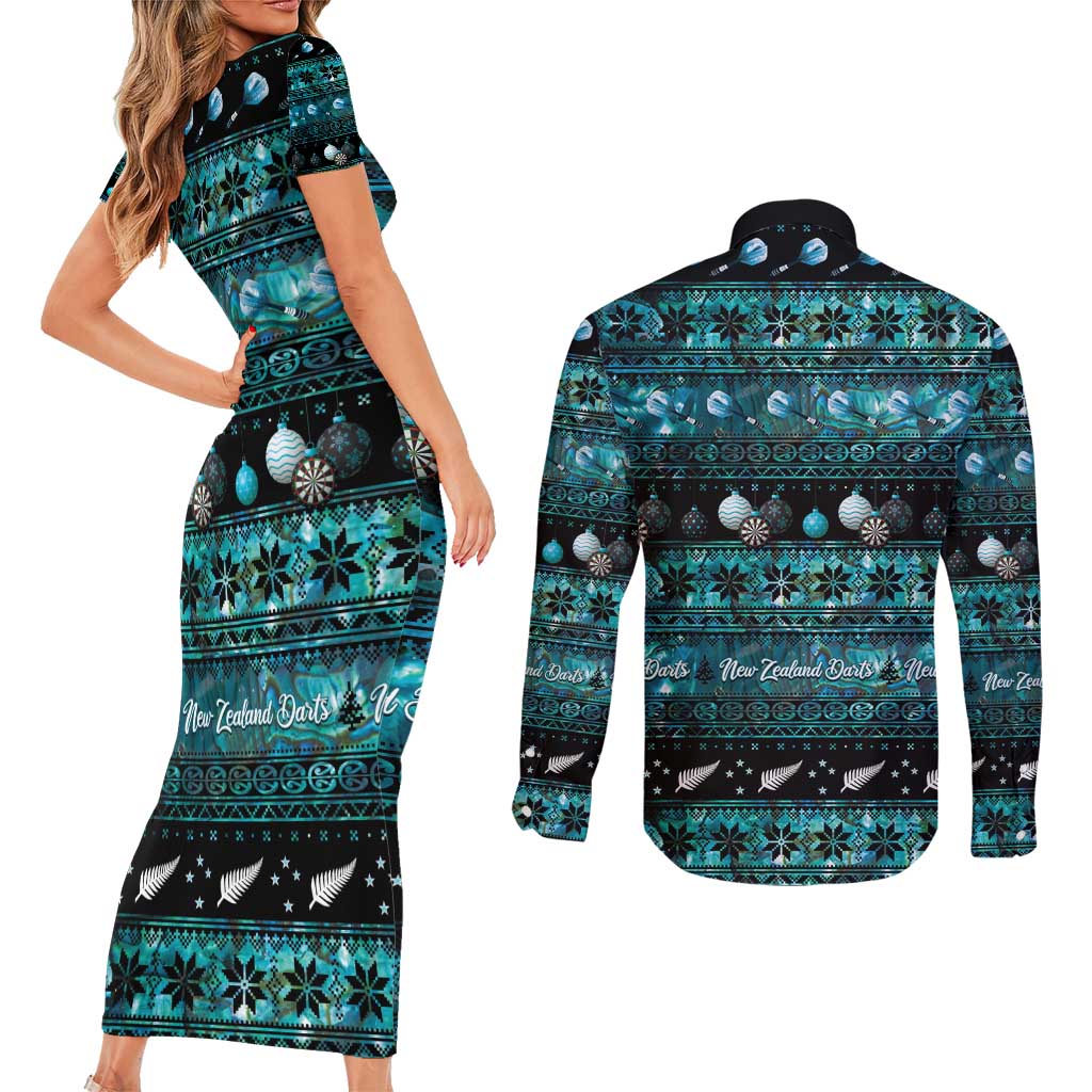 New Zealand Darts Christmas Couples Matching Short Sleeve Bodycon Dress and Long Sleeve Button Shirt Merry Xmas Aotearoa Maori Paua Shell - Polynesian Pride