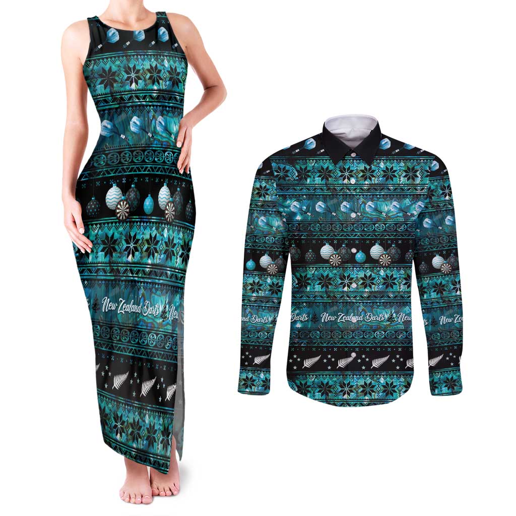 New Zealand Darts Christmas Couples Matching Tank Maxi Dress and Long Sleeve Button Shirt Merry Xmas Aotearoa Maori Paua Shell - Polynesian Pride