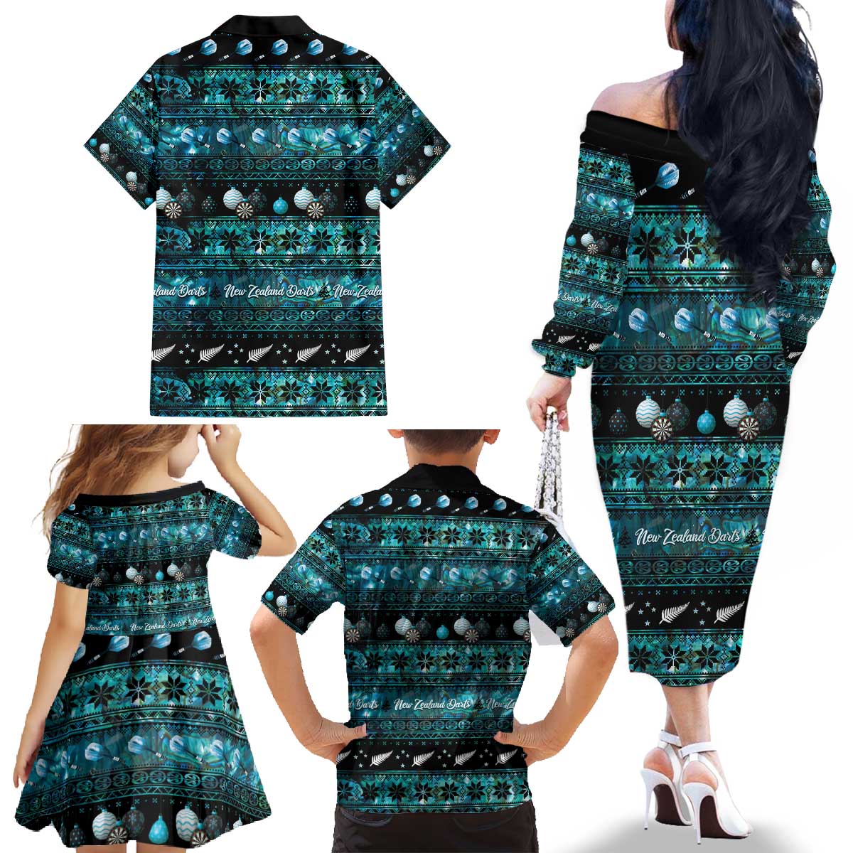 New Zealand Darts Christmas Family Matching Off The Shoulder Long Sleeve Dress and Hawaiian Shirt Merry Xmas Aotearoa Maori Paua Shell - Polynesian Pride