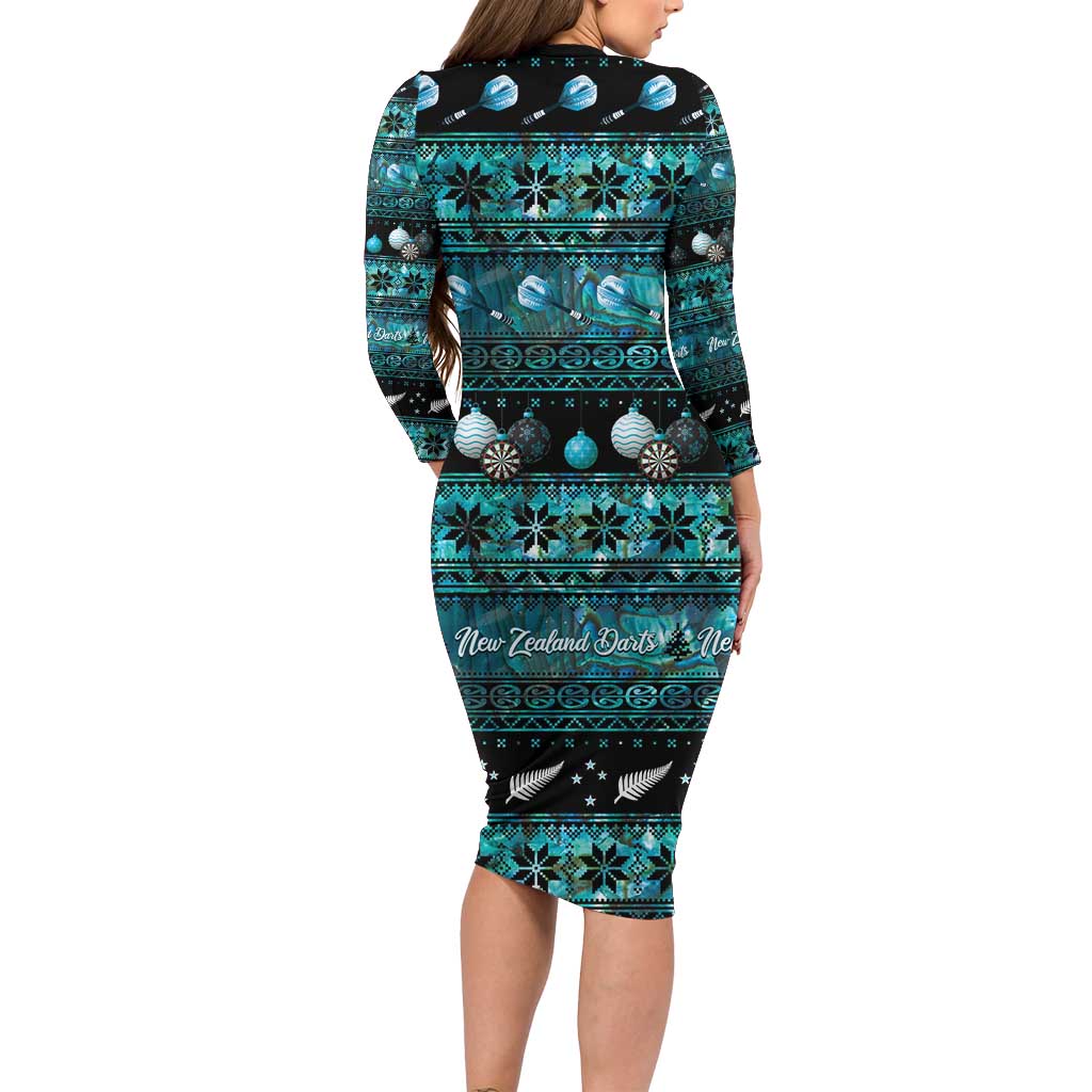 New Zealand Darts Christmas Long Sleeve Bodycon Dress Merry Xmas Aotearoa Maori Paua Shell - Polynesian Pride