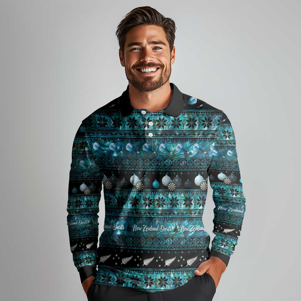 New Zealand Darts Christmas Long Sleeve Polo Shirt Merry Xmas Aotearoa Maori Paua Shell - Polynesian Pride