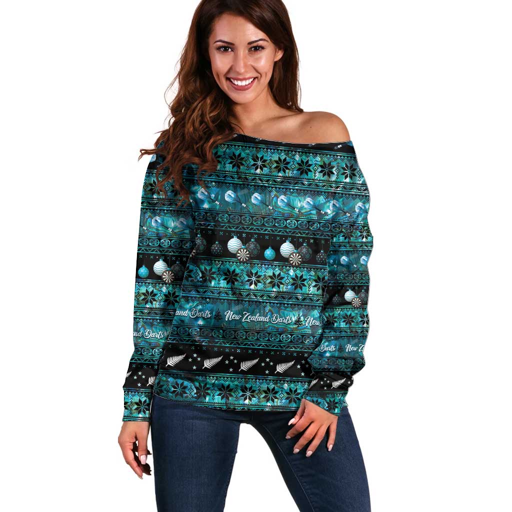New Zealand Darts Christmas Off Shoulder Sweater Merry Xmas Aotearoa Maori Paua Shell - Polynesian Pride