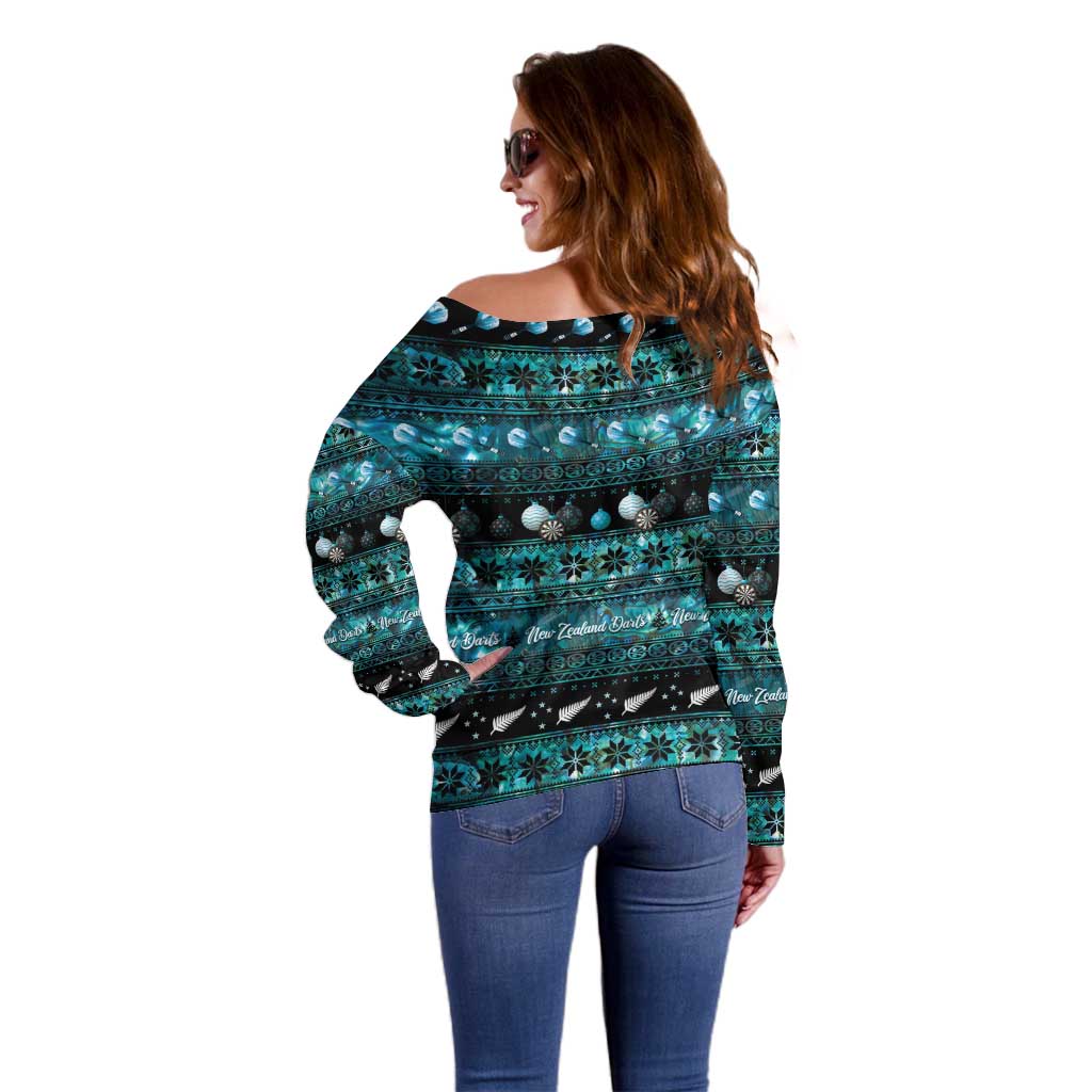New Zealand Darts Christmas Off Shoulder Sweater Merry Xmas Aotearoa Maori Paua Shell - Polynesian Pride