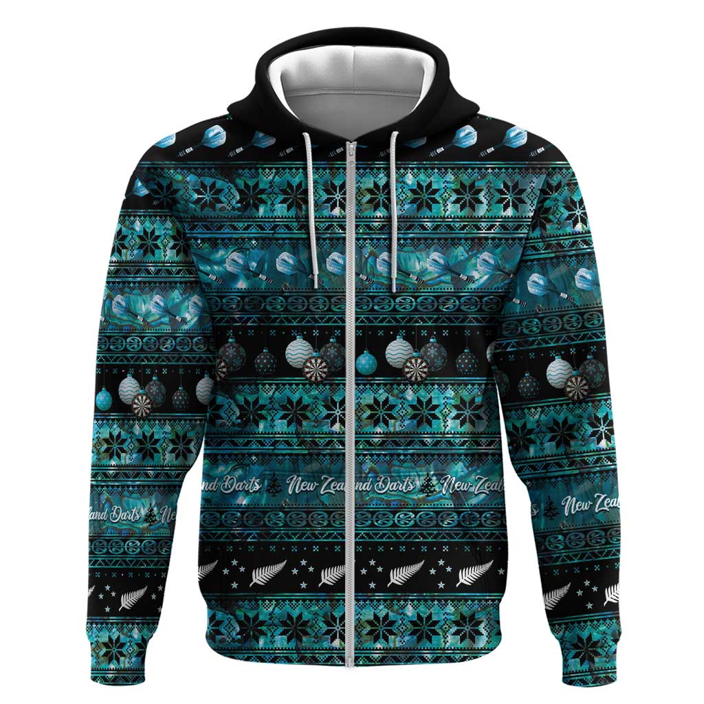 New Zealand Darts Christmas Zip Hoodie Merry Xmas Aotearoa Maori Paua Shell - Polynesian Pride