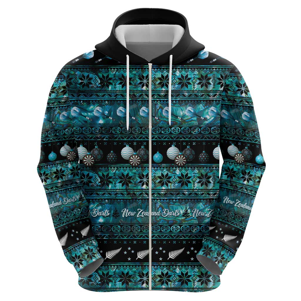 New Zealand Darts Christmas Zip Hoodie Merry Xmas Aotearoa Maori Paua Shell - Polynesian Pride