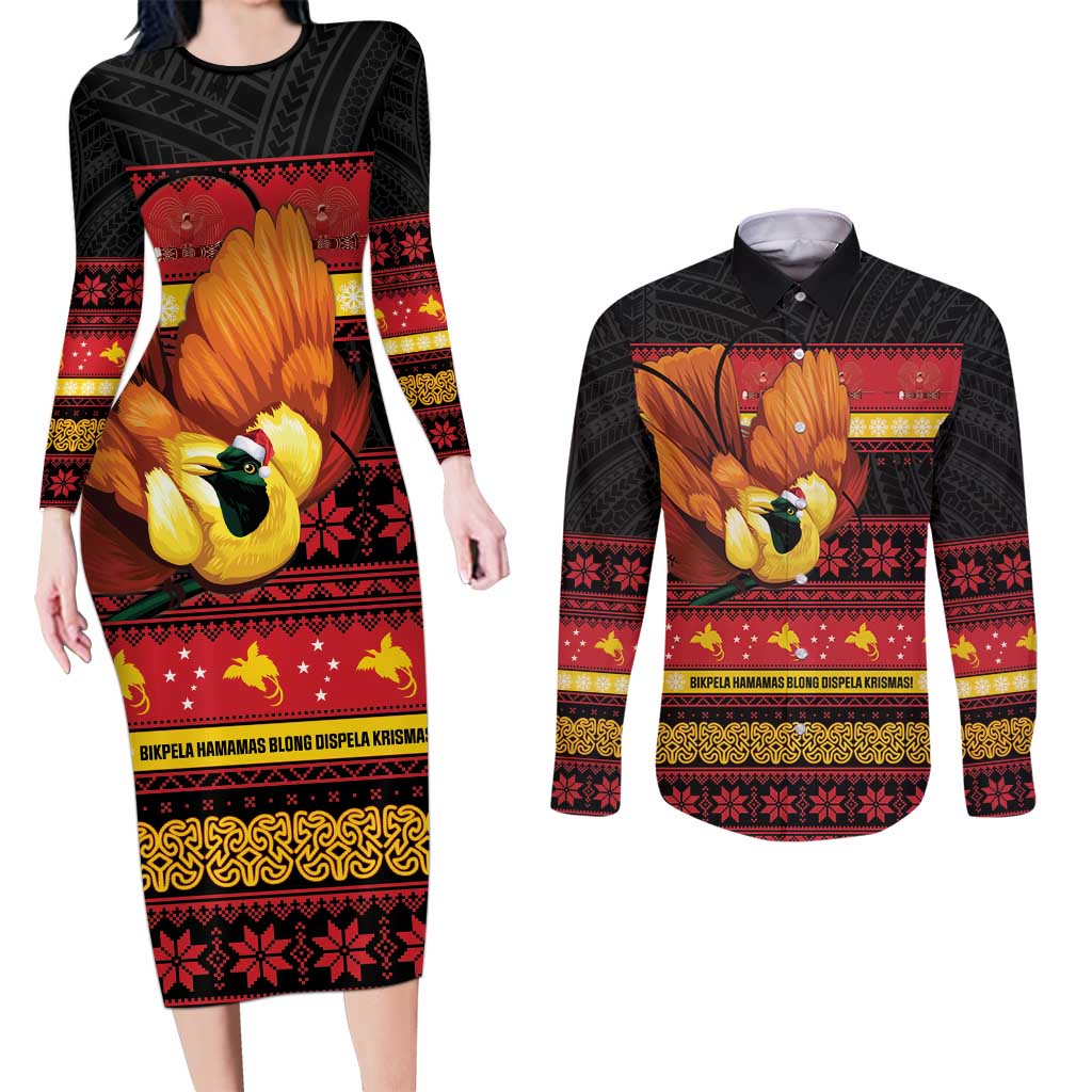 Papua New Guinea Christmas Couples Matching Long Sleeve Bodycon Dress and Long Sleeve Button Shirt Bikpela hamamas blong dispela Krismas - Polynesian Pride