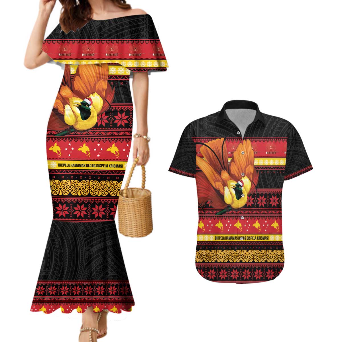 Papua New Guinea Christmas Couples Matching Mermaid Dress and Hawaiian Shirt Bikpela hamamas blong dispela Krismas - Polynesian Pride